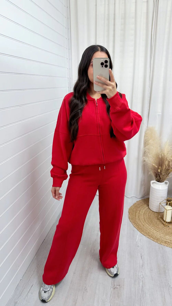 Red Bomber Sweatshirt With Straight Leg Jogger