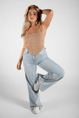 Beige Structured Crop Vest Top 