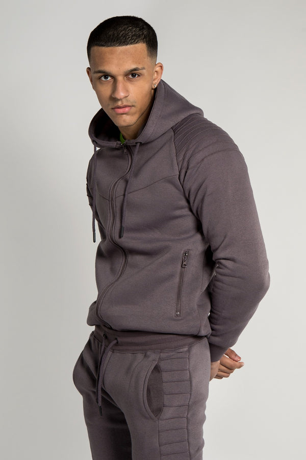 Mens Charcoal Grey Pipe Detail Hooded Zip Tracksuit