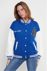 Royal Blue Contrast Sleeve Letter A Varsity Jacket