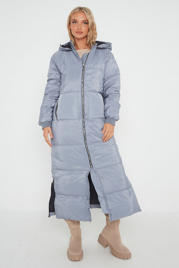 Grey Longline With Hood Maxi Puffer Coat