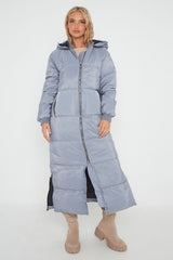 Grey Longline With Hood Maxi Puffer Coat