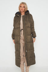 Khaki Longline With Hood Maxi Puffer Coat