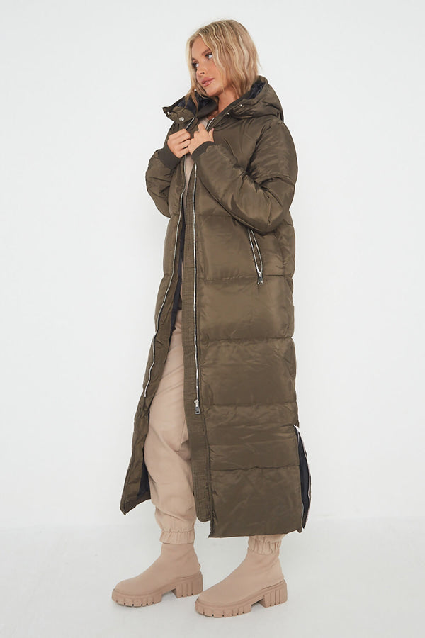 Khaki Longline With Hood Maxi Puffer Coat