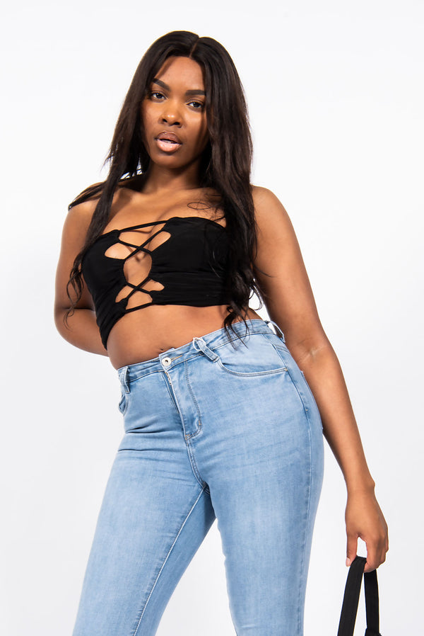 Black Front Knot Crop Bandeau Top