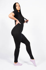 Black Rib Button Up Short Sleeve Jumpsuit