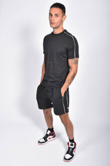 Mens Black Tape Striped Back Piped Short Set