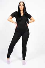 Black Rib Button Up Short Sleeve Jumpsuit