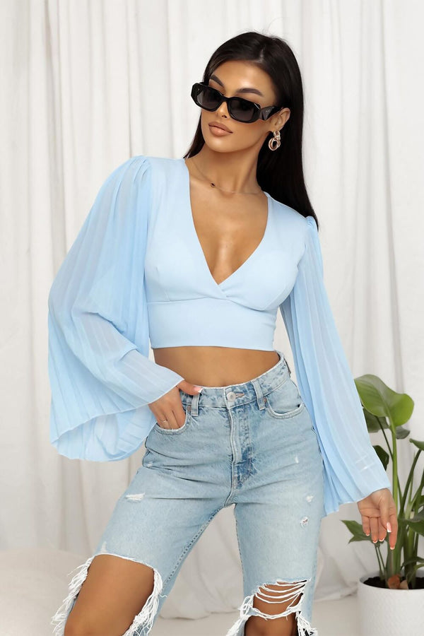 Sky Blue Backless Crop Top With Pleated Bell Sleeves