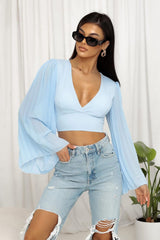 Sky Blue Backless Crop Top With Pleated Bell Sleeves