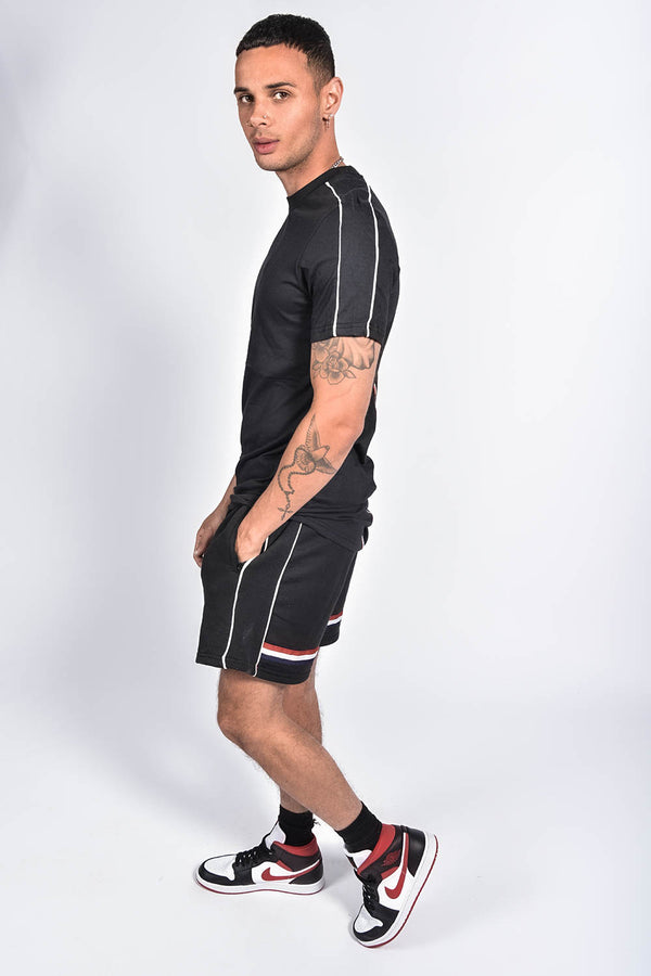 Mens Black Tape Striped Back Piped Short Set