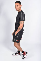 Mens Black Tape Striped Back Piped Short Set