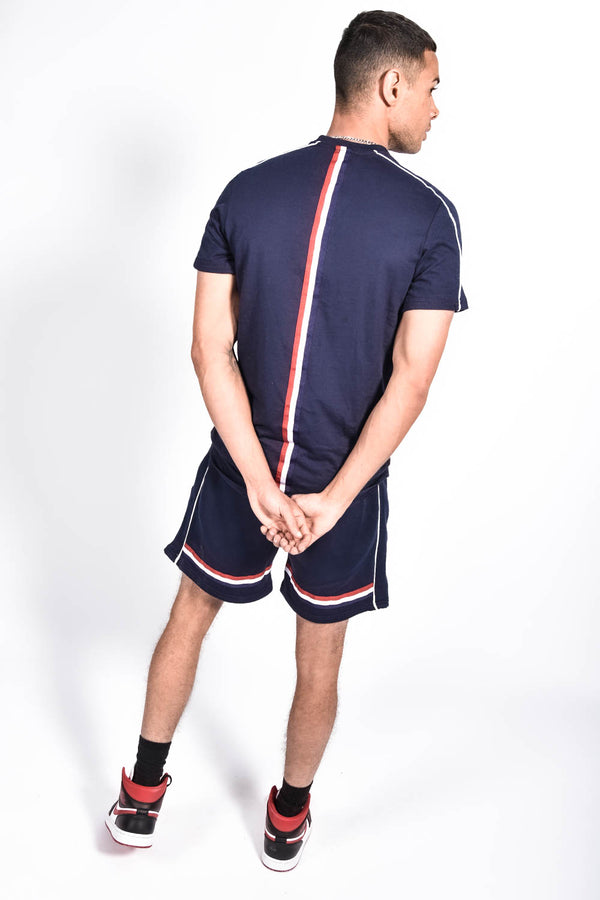 Men Navy Tape Striped Back Piped Short Set