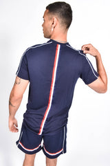 Men Navy Tape Striped Back Piped Short Set