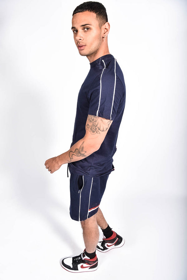 Men Navy Tape Striped Back Piped Short Set