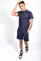 Men Navy Tape Striped Back Piped Short Set