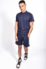 Men Navy Tape Striped Back Piped Short Set