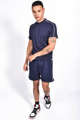 Men Navy Tape Striped Back Piped Short Set