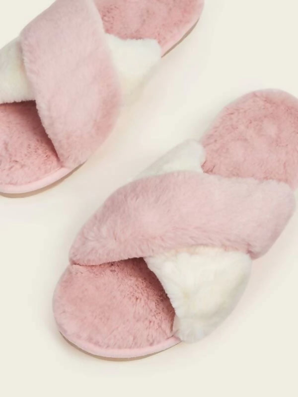 Pink Fluffy Cross Strap Slippers