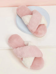 Pink Fluffy Cross Strap Slippers