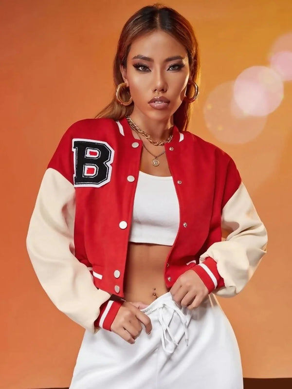 Red Cropped Contrast Sleeve Varsity Jacket