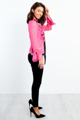 1802-Fuchsia Sheer Ruffle Sleeve Inserted Shirt
