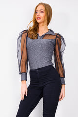 Silver Glitter Sheer Detail Collar Bodysuit