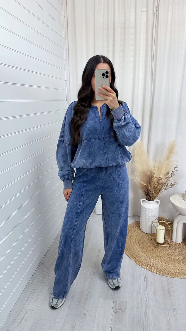 Blue Acid Wash Print Bomber Front Zip Tracksuit
