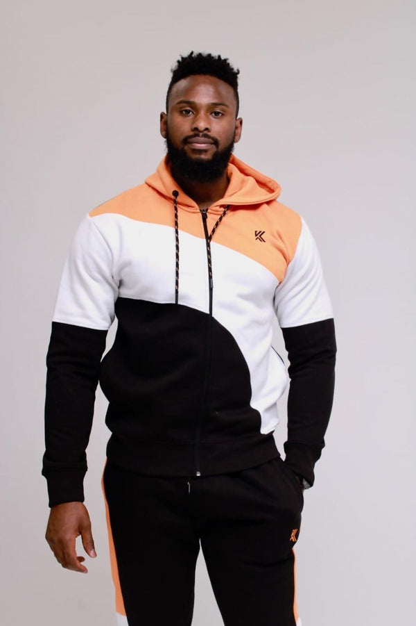 Orange With White Contrast Cut Fleece Hooded Tracksuit