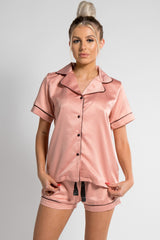 Nude Piped Satin Shorts Pyjama Set