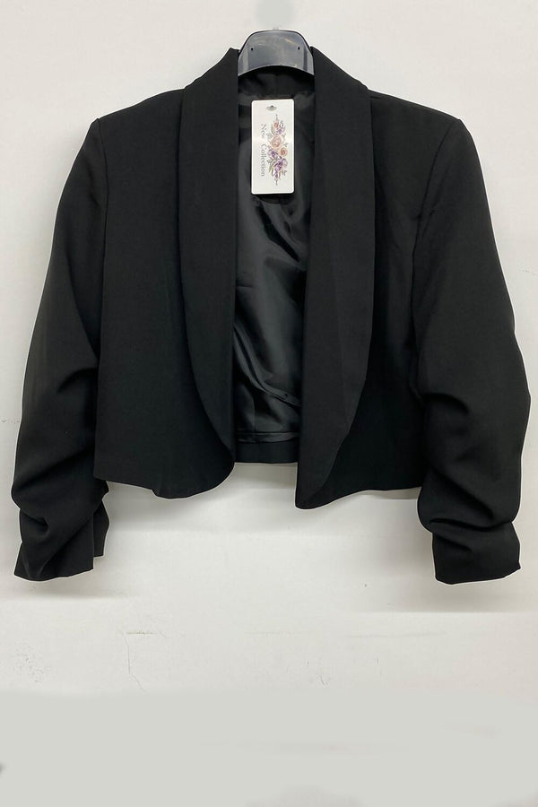 Black Cropped Blazer with Ruched Sleeves