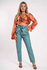 Rust Satin Plunge Twist Front Crop Top