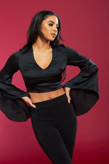 Black Satin Flared Crop Top 