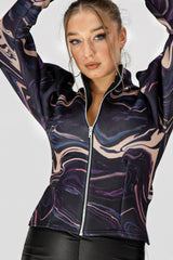 Black Marble Puff Sleeve Zip Jacket