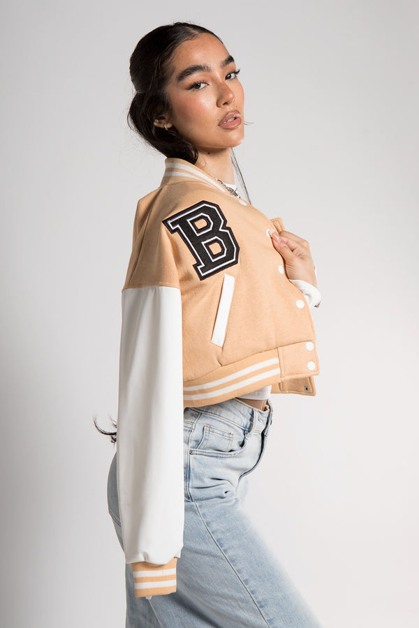 Beige Cropped Contrast Sleeve Varsity Jacket