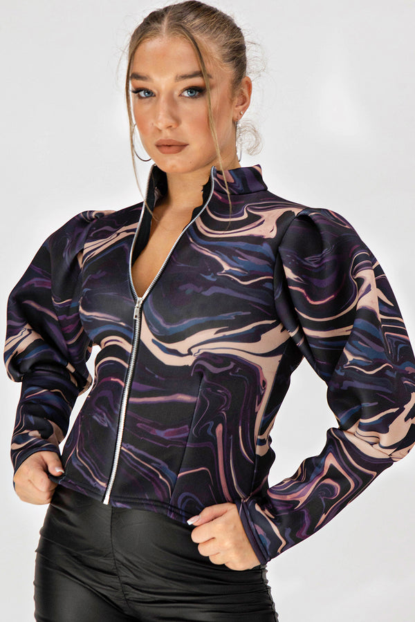 Black Marble Puff Sleeve Zip Jacket