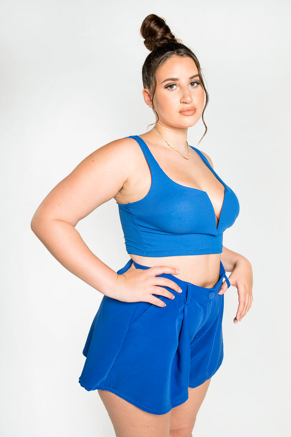 Royal Blue Ribbed Strappy V Neck Crop Top