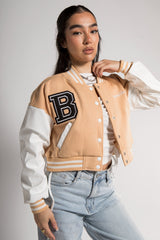 Beige Cropped Contrast Sleeve Varsity Jacket