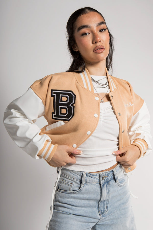 Beige Cropped Contrast Sleeve Varsity Jacket