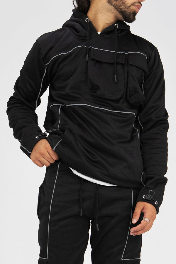 Mens Black Multi Pocket Reflective Tracksuit