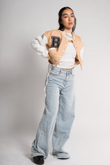 Beige Cropped Contrast Sleeve Varsity Jacket