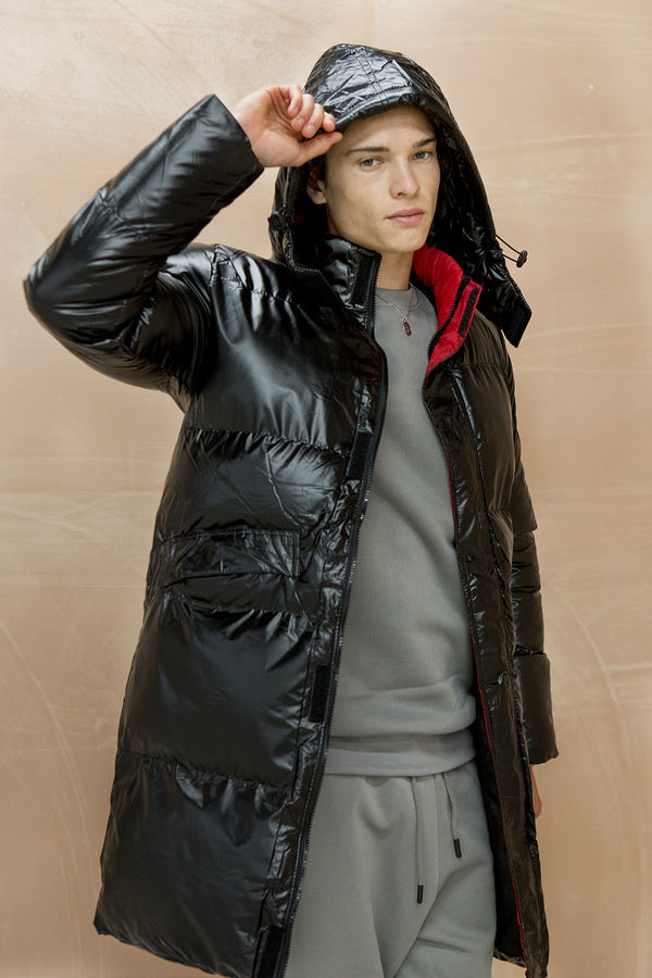 Mens Black Longline Shiny Puffer Jacket
