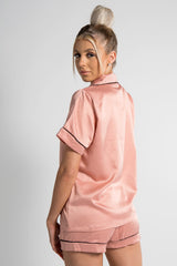 Nude Piped Satin Shorts Pyjama Set