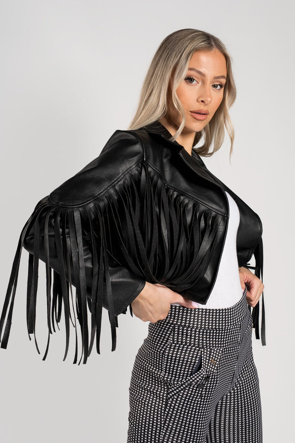 Black Faux Leather Fringe Cropped Jacket