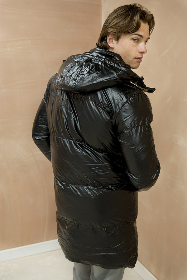 Mens Black Longline Shiny Puffer Jacket