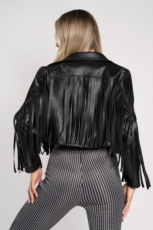 Black Faux Leather Fringe Cropped Jacket