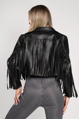 Black Faux Leather Fringe Cropped Jacket