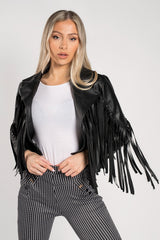 Black Faux Leather Fringe Cropped Jacket