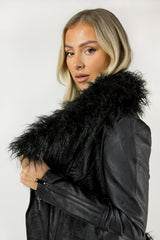 Black Faux Fur Trim PU Biker Jacket