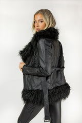 Black Faux Fur Trim PU Biker Jacket